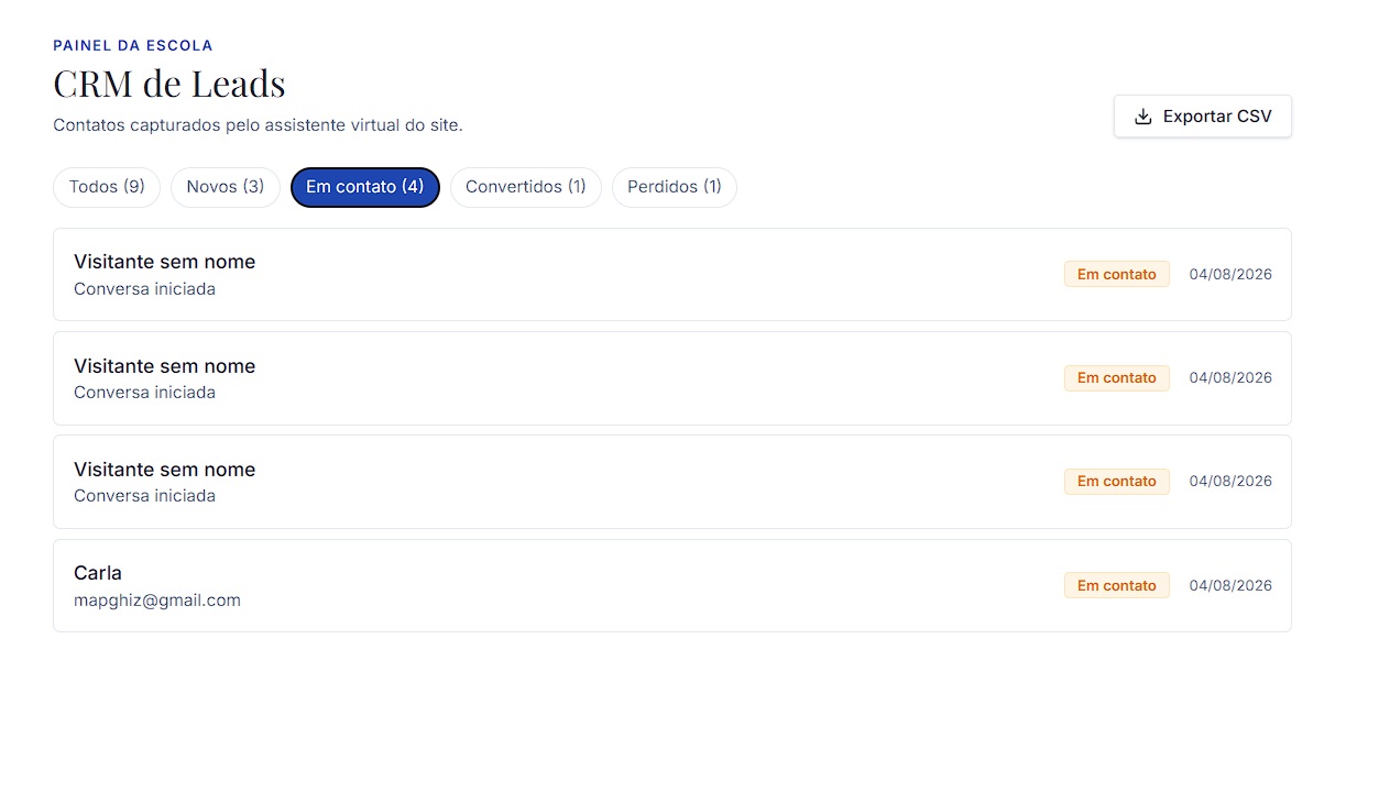 CRM de leads do SchoolFlux com filtros por estágio e lista de contatos