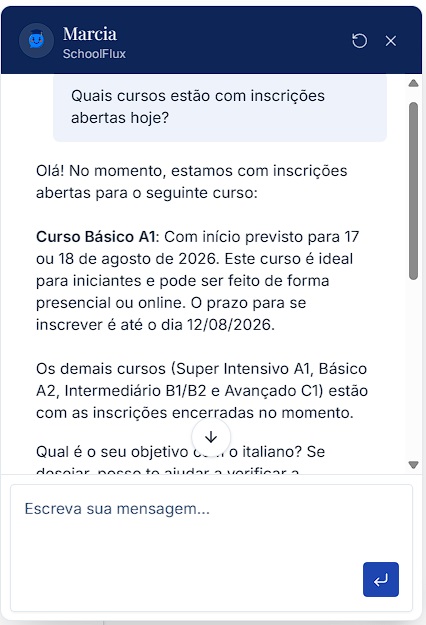Atendente de IA do SchoolFlux respondendo a um visitante sobre cursos